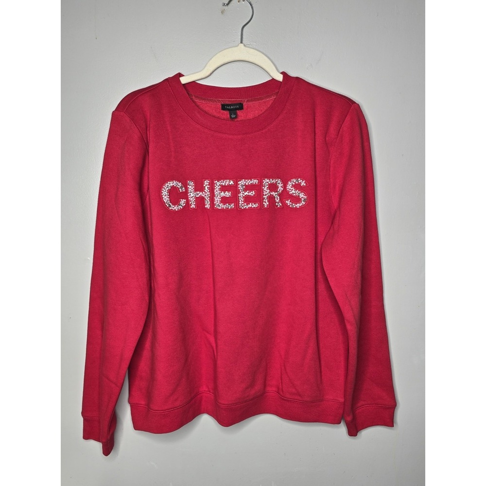 Talbots Red Cheers Beaded Embellished Crewneck Sweatshirt Pullover Holiday Large